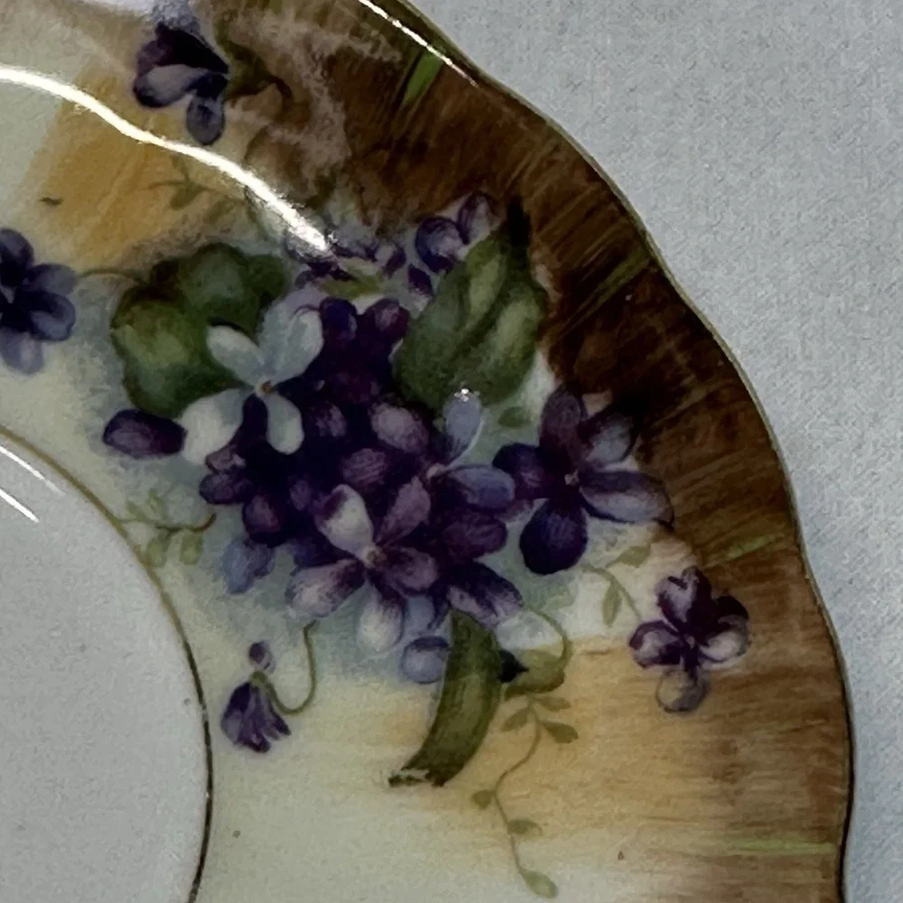Antique‎ Victorian Tea Cup Saucer Hand Painted Violets Roses Apricot ombré Gilt